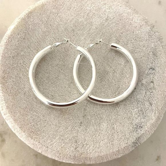 925 Sterling Silver Hoop Earrings Large Silver Hoops Chunky Earrings - Picture 5 of 5